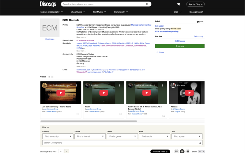 Discogs TV showing a horizontal endless scroll of music videos on a label page (similar to Netflix)